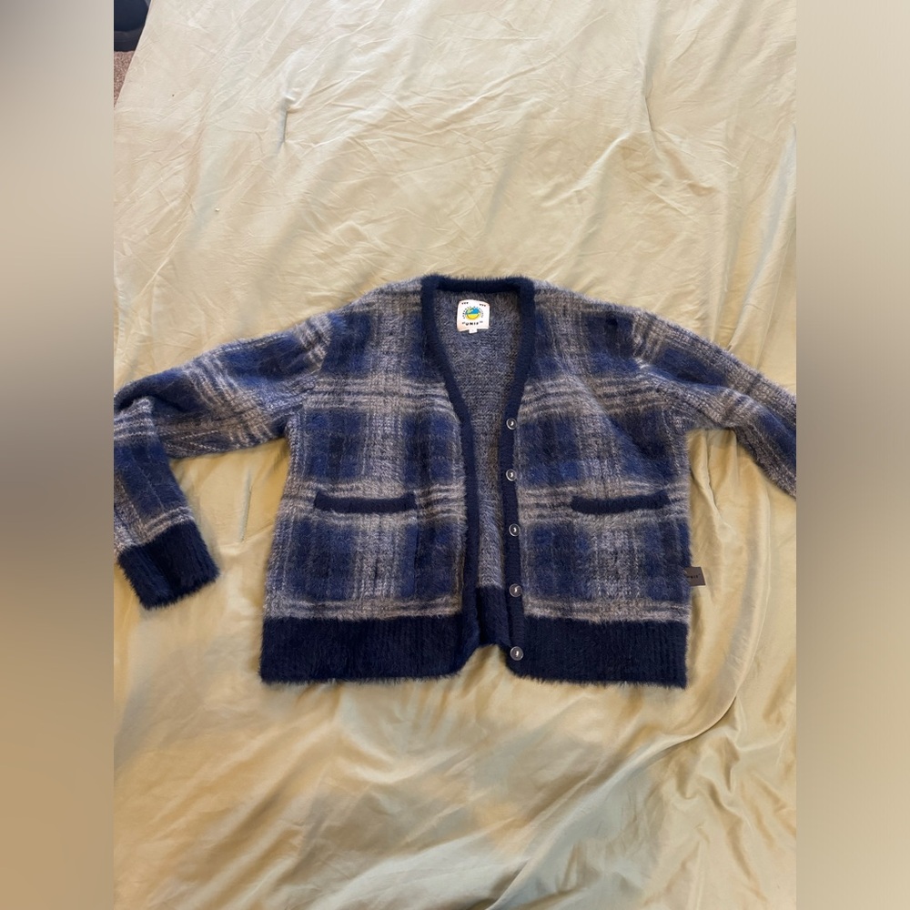 UNIF blue plaid fuzzy sweater size small